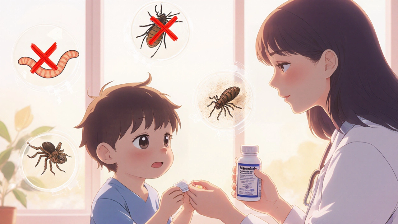 A child receiving mebendazole tablets from a doctor while a parent holds permethrin cream in a warm clinic setting.