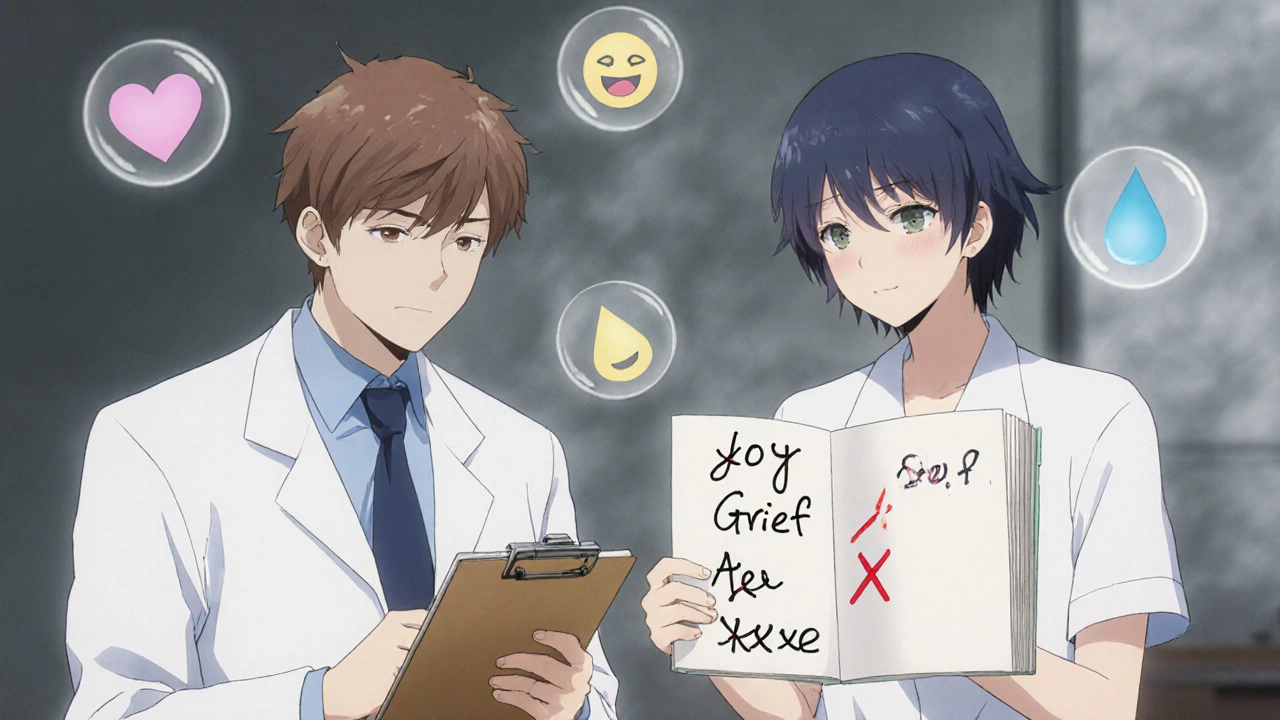 A doctor and patient in a clinic, the patient&#039;s journal shows crossed-out emotions as floating icons fade to gray.