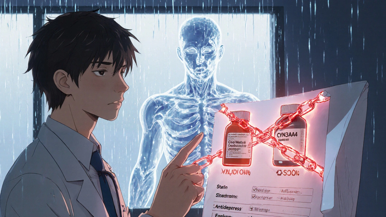 A doctor pointing at a medication list with glowing red chains connecting harmful drug interactions.