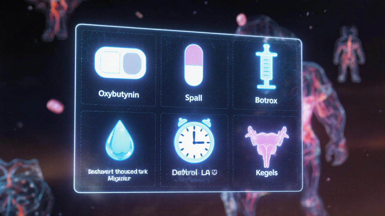 A floating medical chart with six glowing icons representing different overactive bladder treatments.