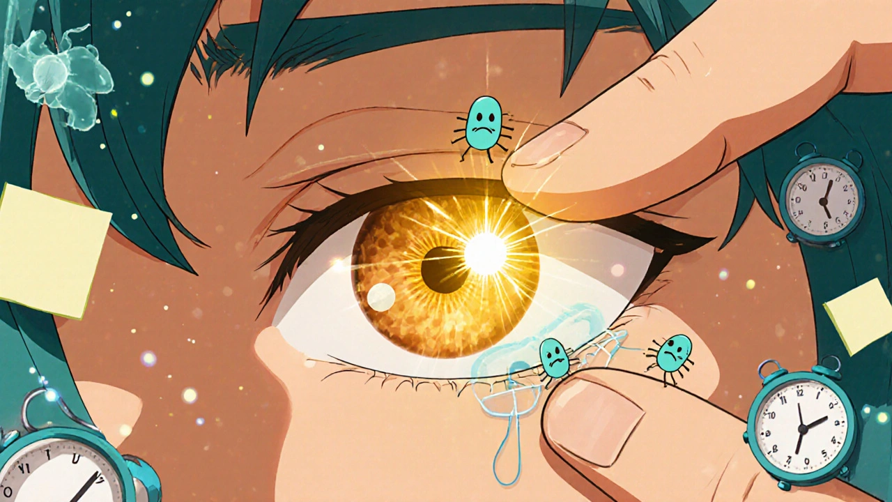 A glowing antibiotic effect spreading through an eye as bacteria retreat, symbolizing healing from infection.