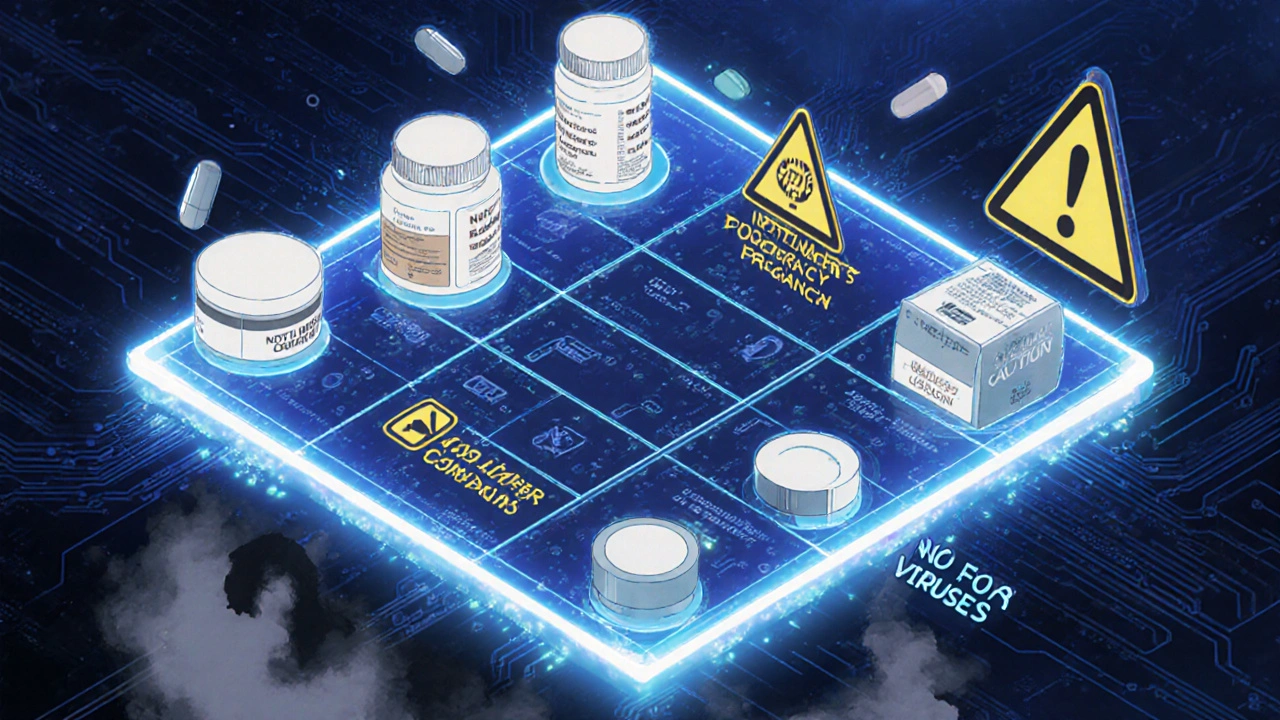 A glowing holographic comparison table of antiparasitic medications with warning icons floating around it.