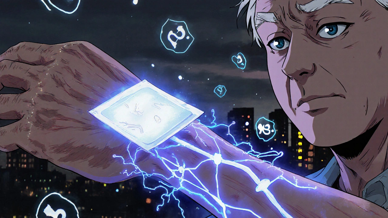 A glowing patch on an arm delivering calcitonin nanoparticles to bone tissue.