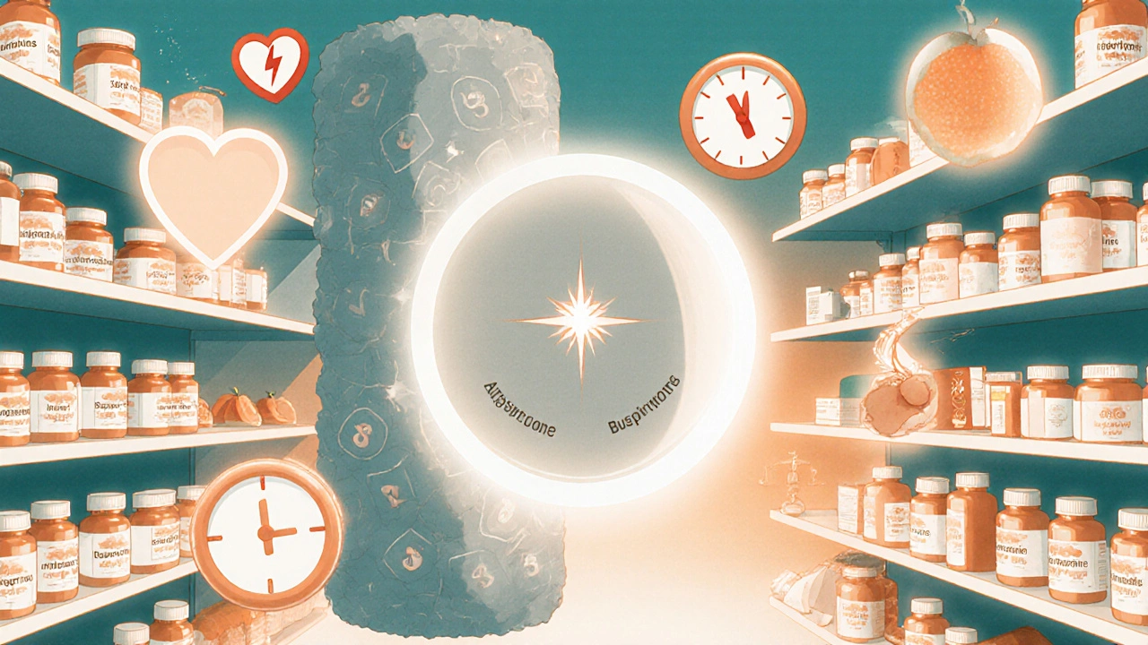A magical pharmacy shelf with buspirone floating centrally among heavier, burdened alternatives, surrounded by symbolic icons.