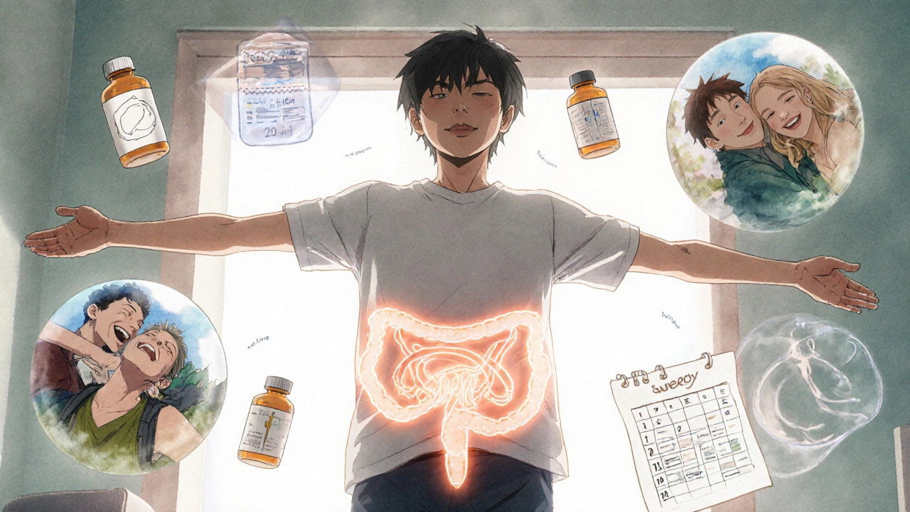 A person standing confidently, surrounded by fading meds and images of a better life, symbolizing bladder control regained.