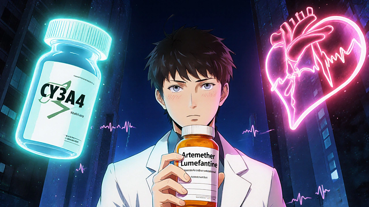 A pharmacist caught between HIV meds and a failing heart, symbolizing dangerous CYP3A4 drug interactions.