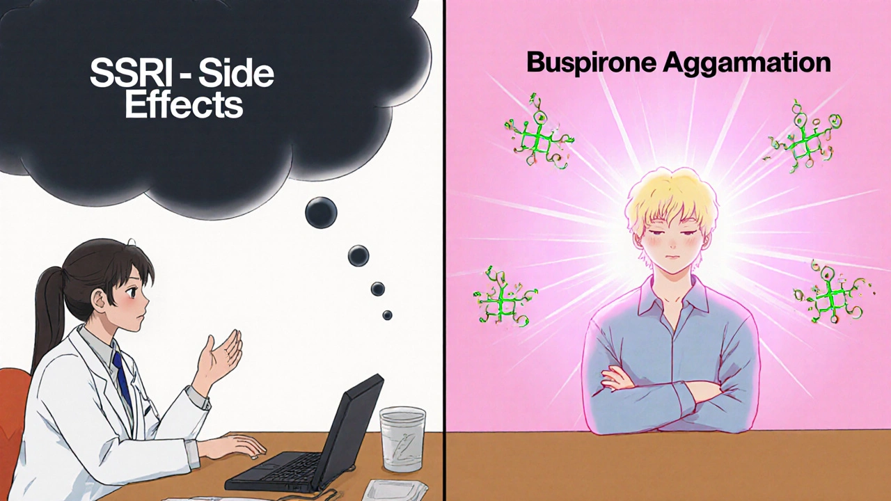A psychiatrist explains treatment options; one side shows depression symptoms, the other shows emotional revival with floating receptor icons.