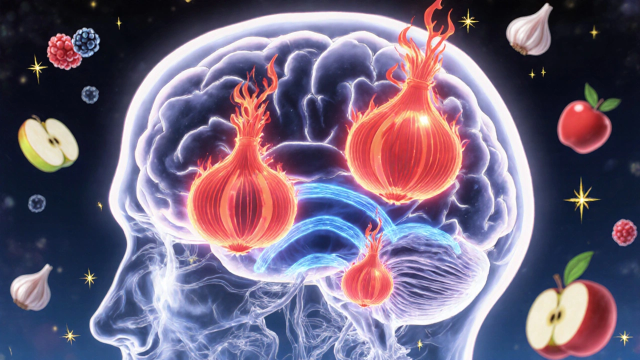 A stylized brain with onion-shaped molecules calming stress signals and boosting serotonin waves.