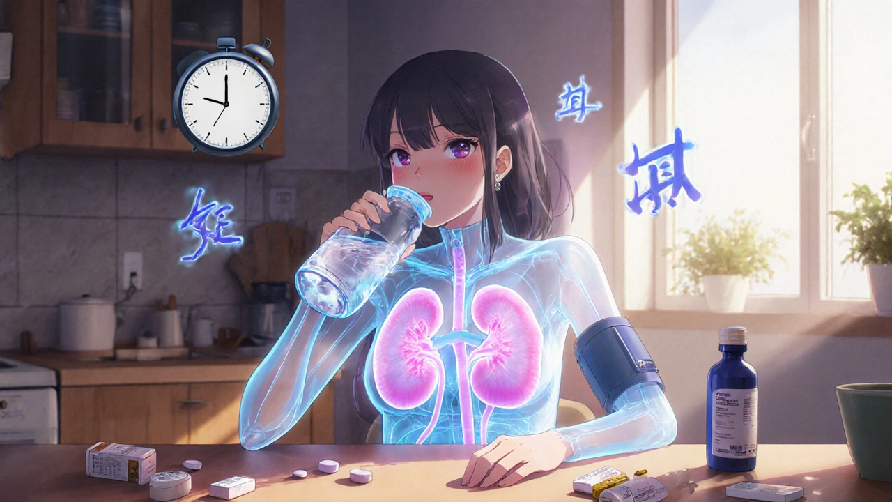 A woman drinking water with glowing kidneys and falling blood pressure numbers above her head, in anime style.