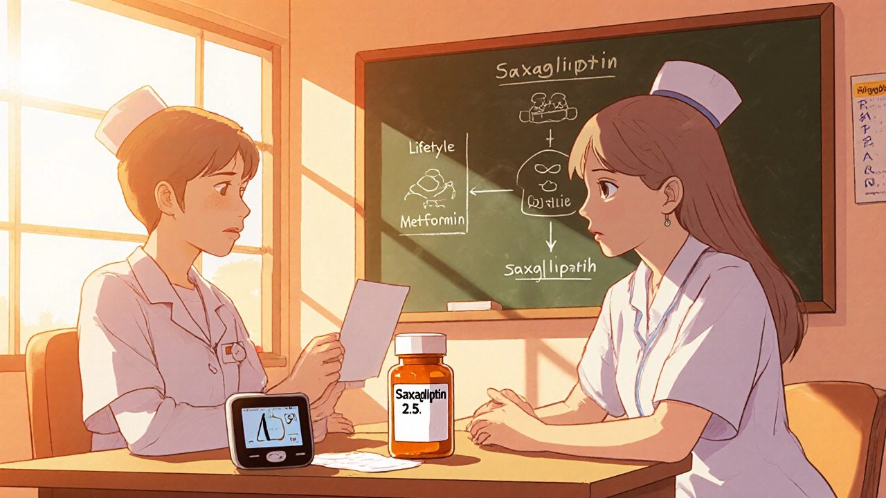 Adolescent at school nurse&#039;s desk with saxagliptin bottle and stable glucose reading, showing treatment plan.