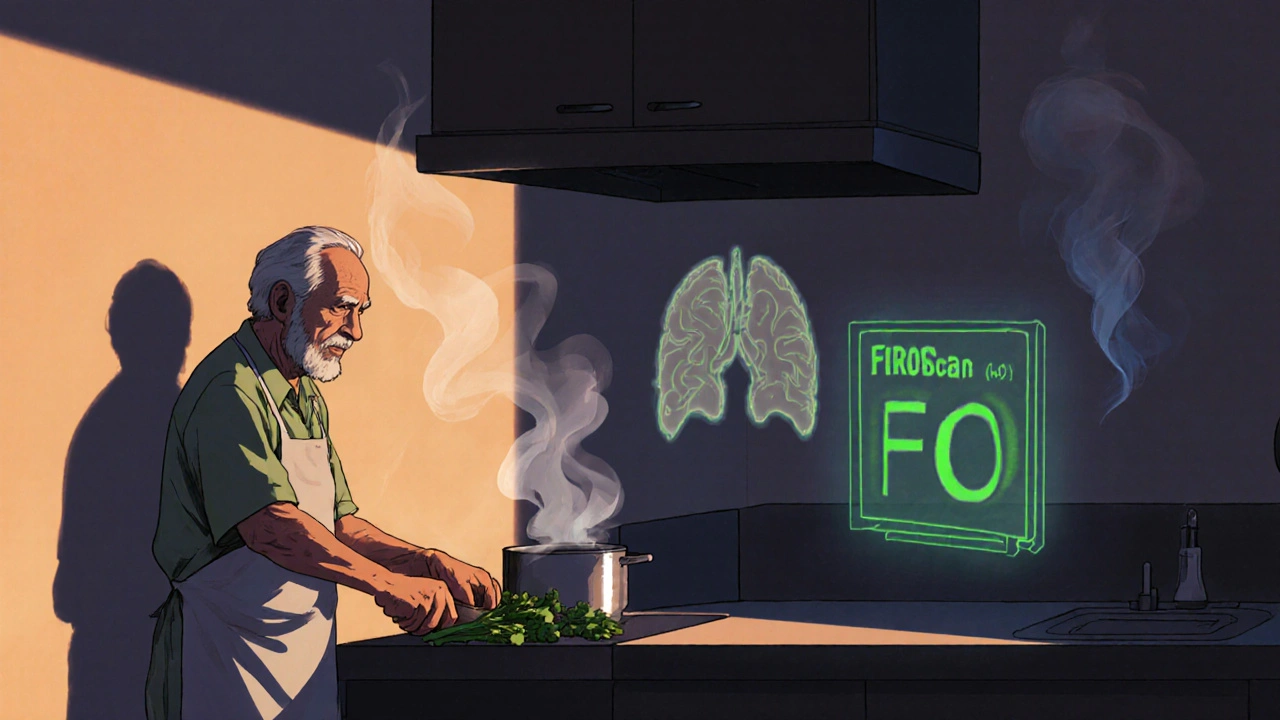 An elderly man cooks in a warm kitchen, ghostly images of fatigue fading as a FibroScan shows restored liver health.