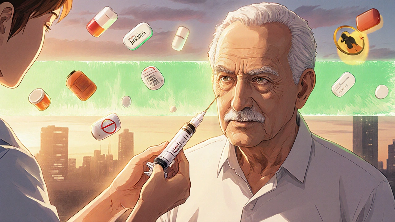 An elderly man receiving an HIV injection as safe and dangerous drugs are separated by a glowing barrier.