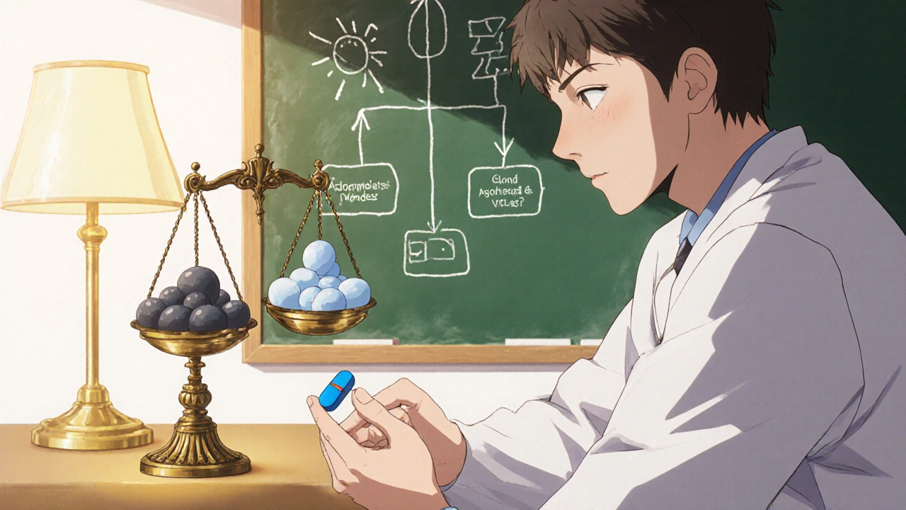 Anime doctor offering azithromycin while a scale balances antibiotics.
