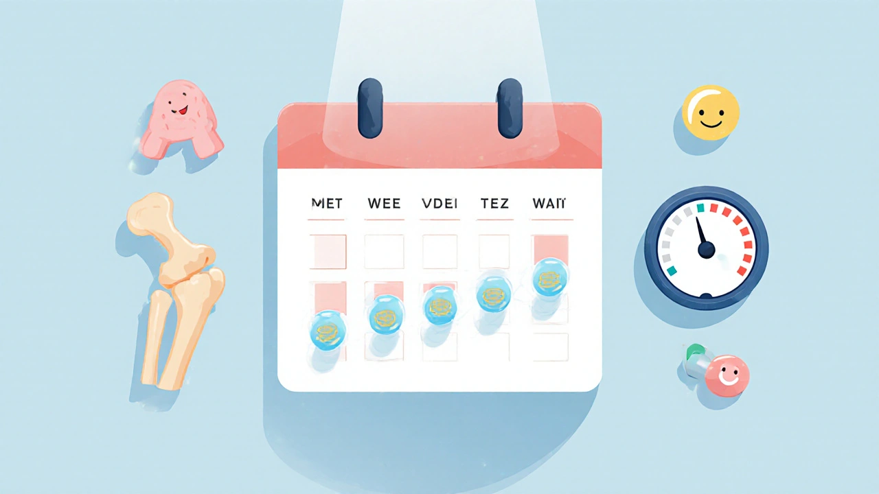 Calendar showing tapering betamethasone pills with bone, glucose, and mood icons.