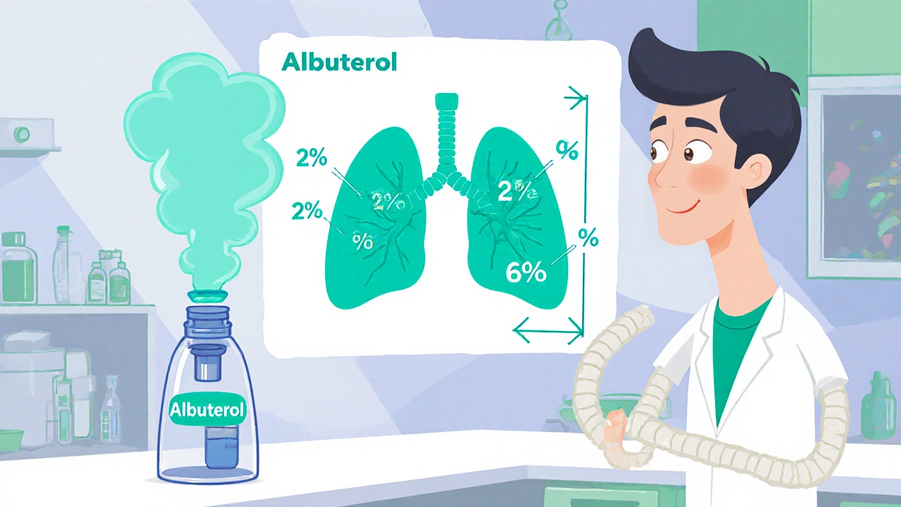 Cartoon lab scene with nebulizer mist and lung diagram showing FEV1 rise.