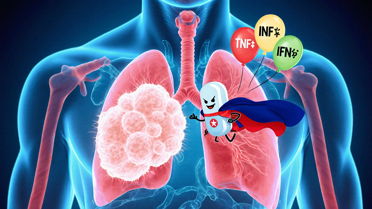 Cartoon lung granuloma being subdued by a heroic betamethasone pill.