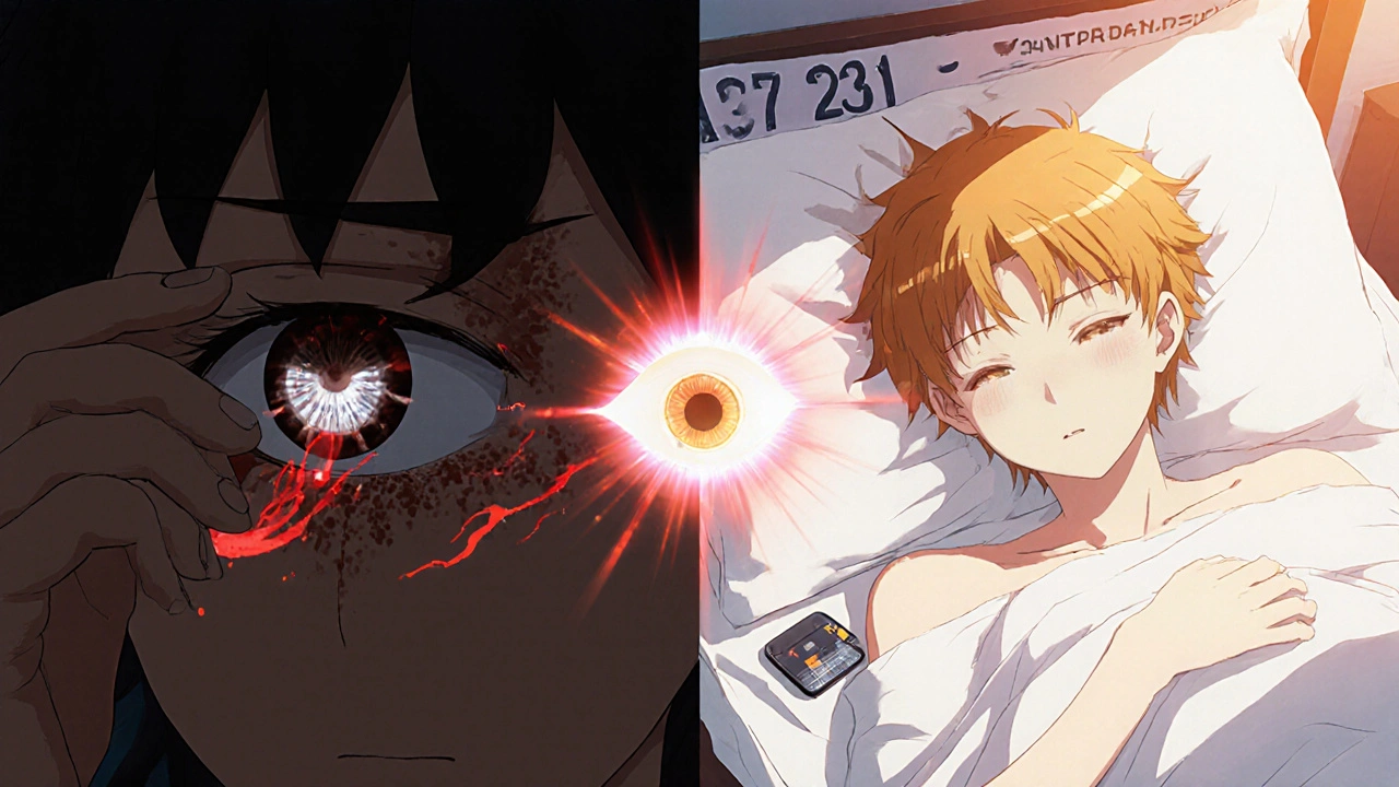 Contrast scene: one side shows eye infection from poor habits, the other shows peaceful recovery with proper care.