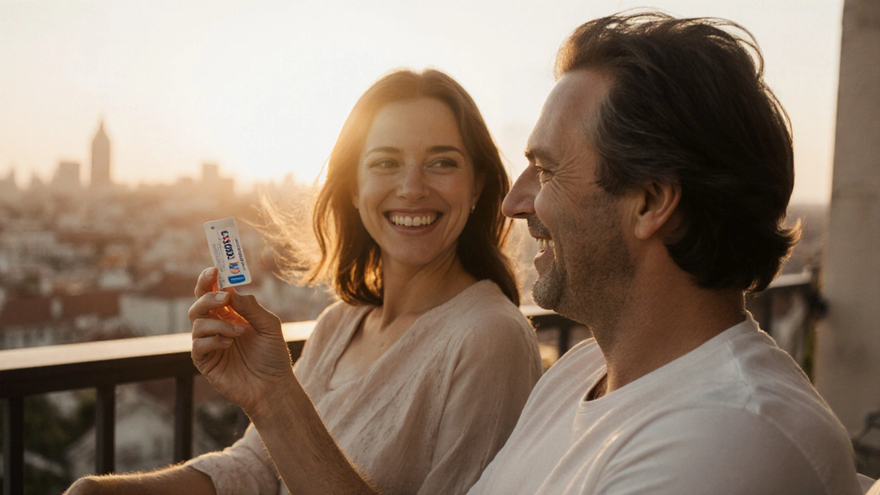 Couple on balcony at sunset, man holding a pill, looking content.