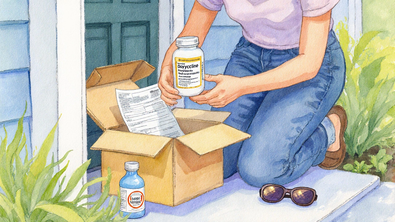 Delivery box on porch with doxycycline bottle and sunscreen nearby.