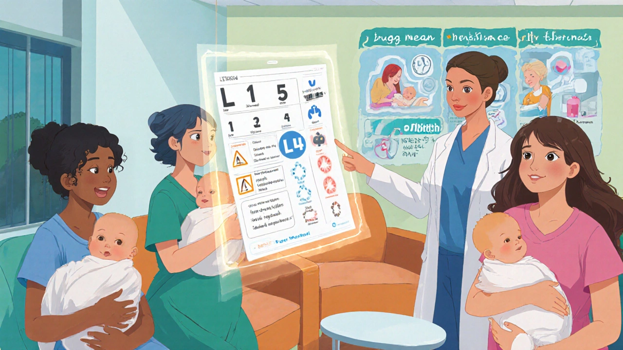 Diverse mothers consulting a glowing L1-L5 drug safety chart with a lactation consultant nearby.