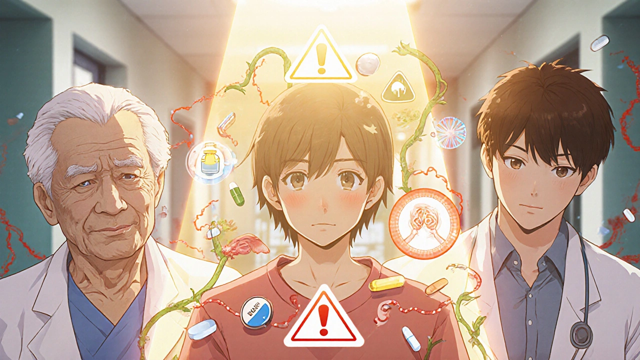 Diverse patients surrounded by interacting drugs, with one safe antimalarial glowing brightly amidst the chaos.