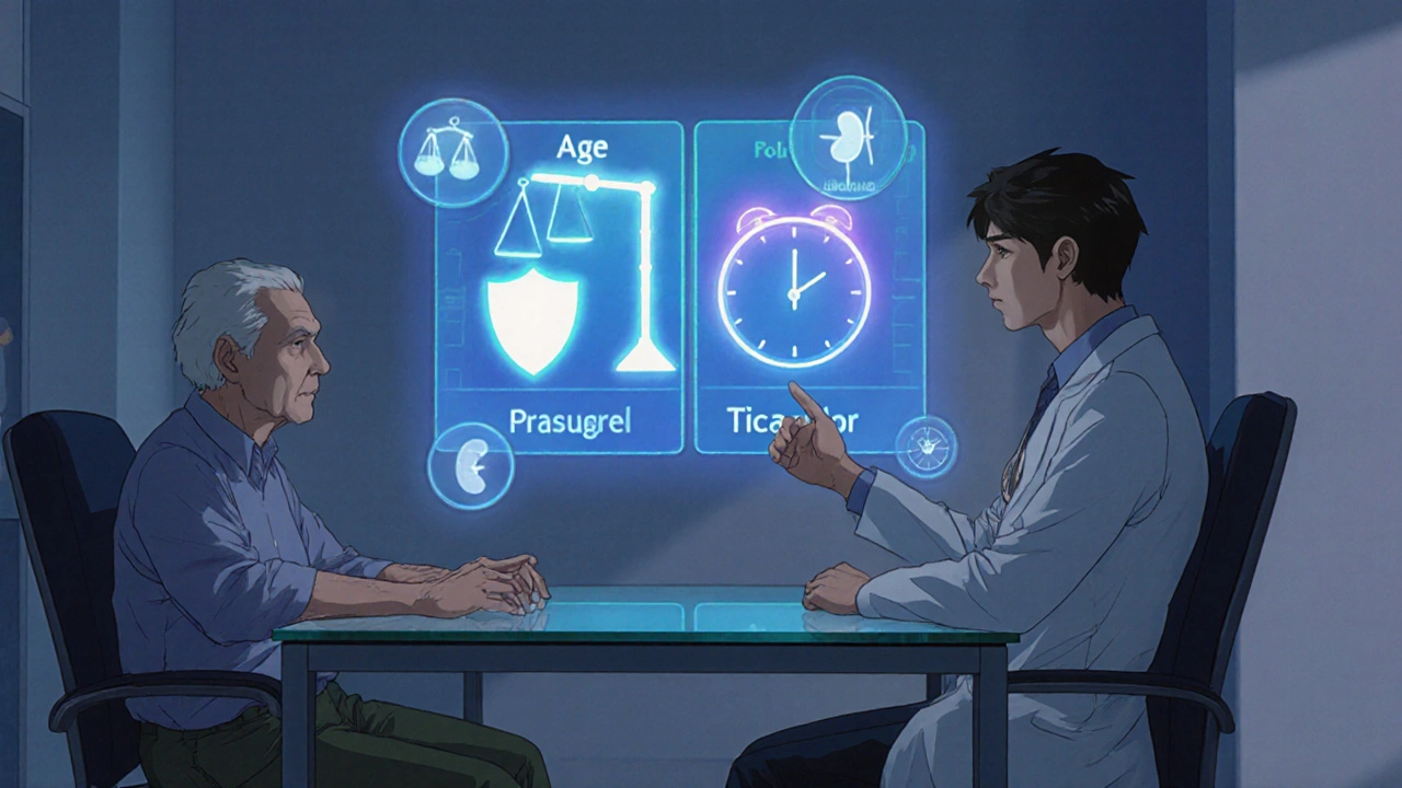 Doctor and patient reviewing holographic health icons with medication options.