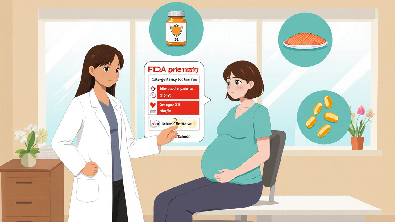 Doctor consulting pregnant patient, showing Category X label and safe alternative icons.