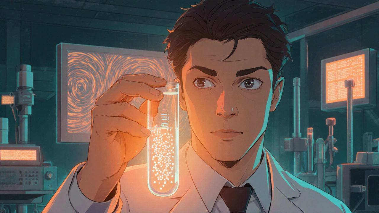 Doctor examining a glowing test tube representing positive lupus antibodies in a lab.