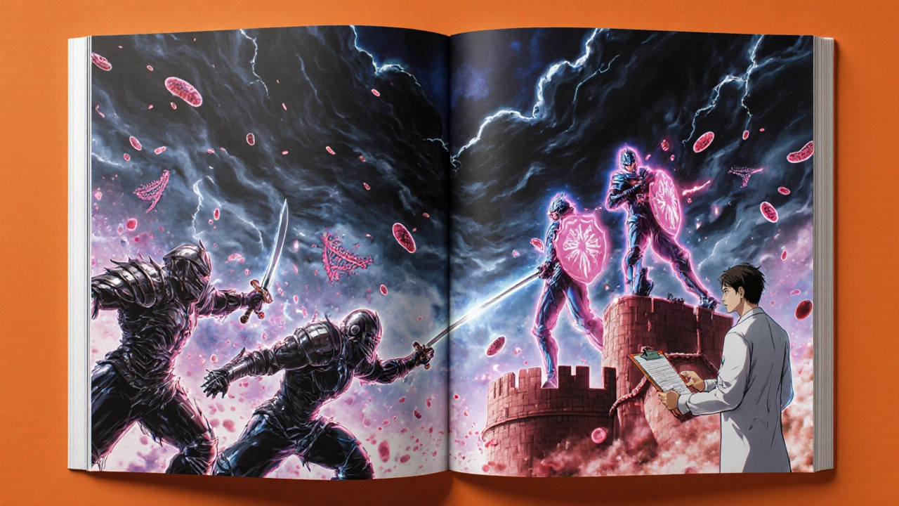 Epic battle between antibiotic warriors and drug-resistant bacteria on a heart valve.