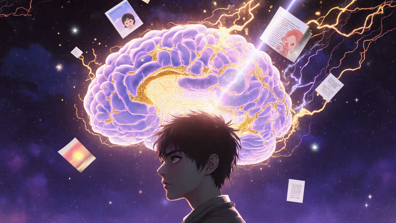 Golden calcitonin fibers dissolving brain plaques in a dreamlike hippocampus.