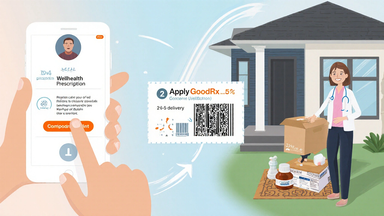 Hand holds phone during telehealth, applies discount, and receives a Wellbutrin package at the door.