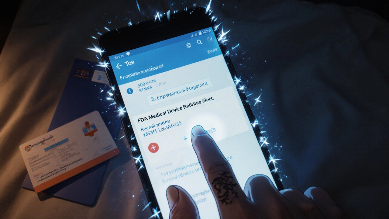 Hand pointing at FDA recall alert on smartphone with medical documents nearby
