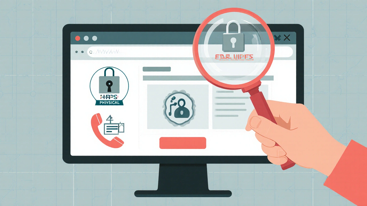Hand with magnifying glass examining a website with security icons.