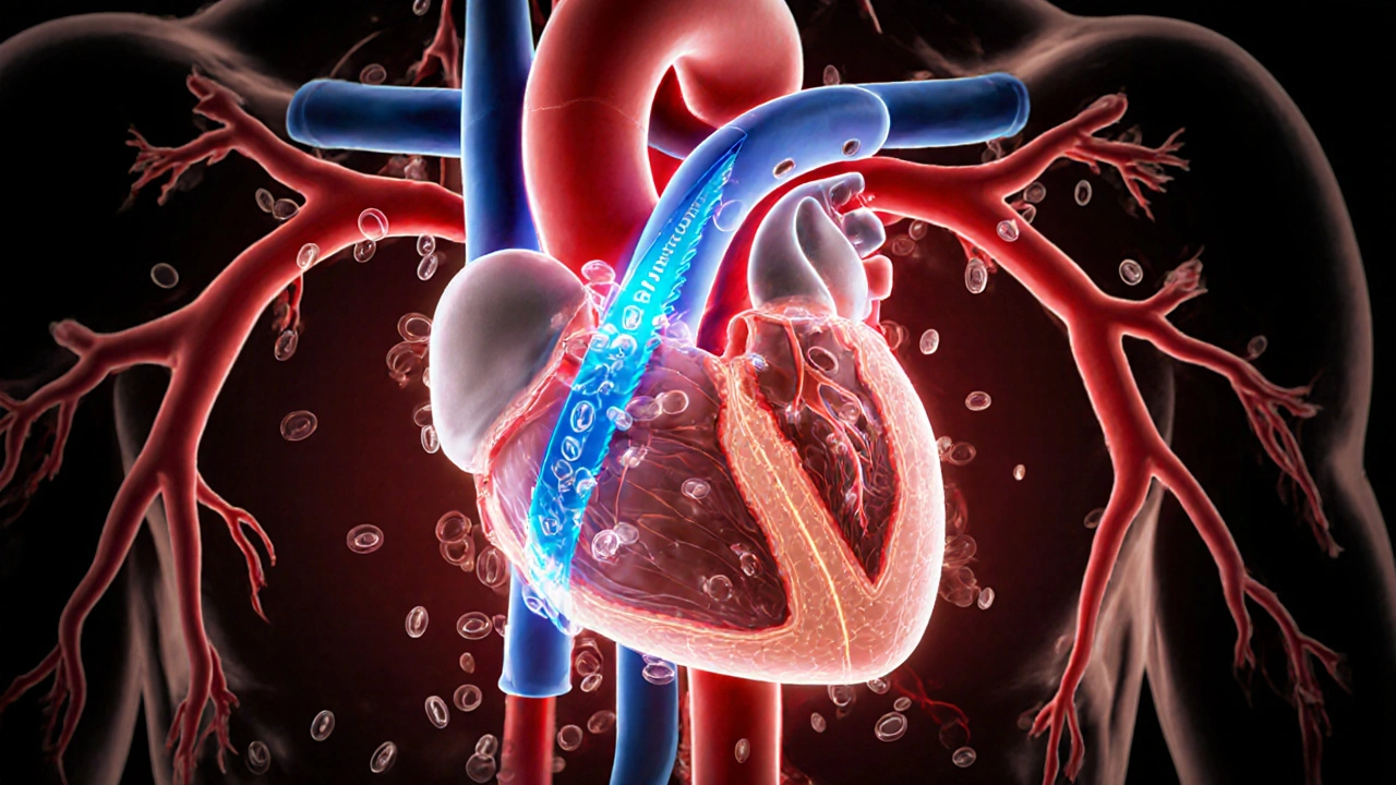 Heart cross‑section showing a stent and blue drug ribbons blocking platelets.