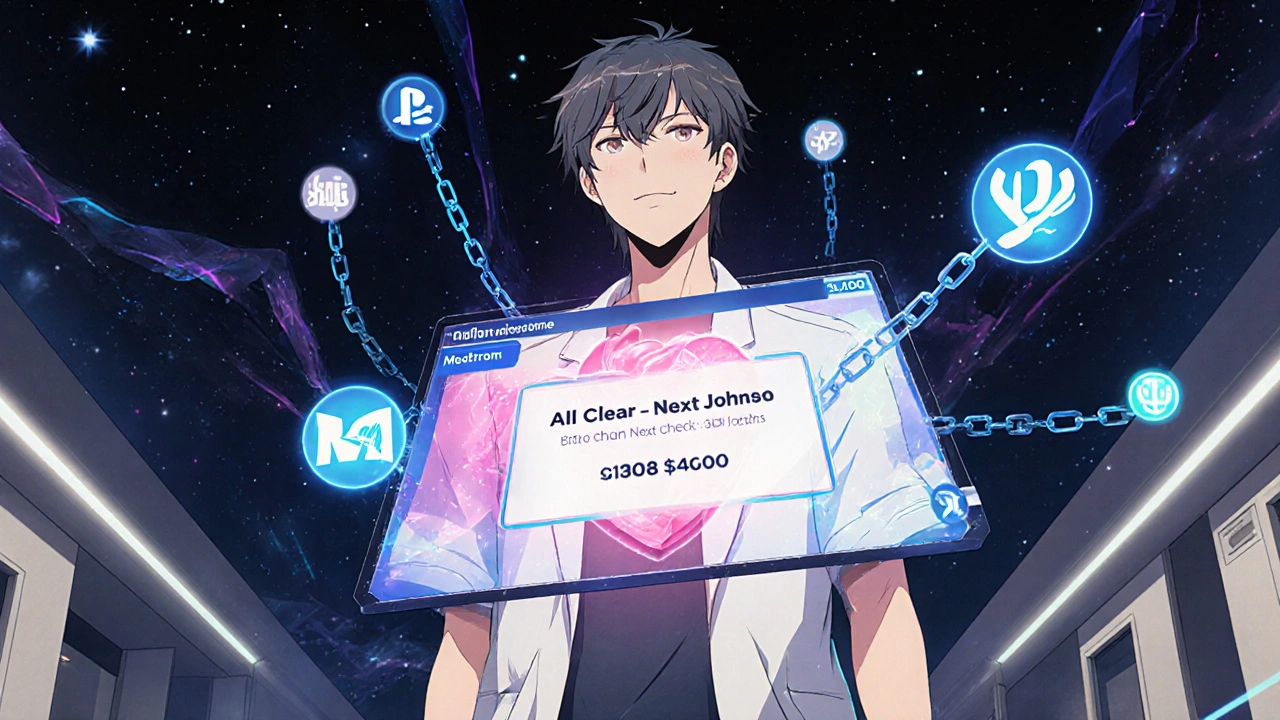 Holographic lot number and recall status linked to patient&#039;s chest in futuristic interface