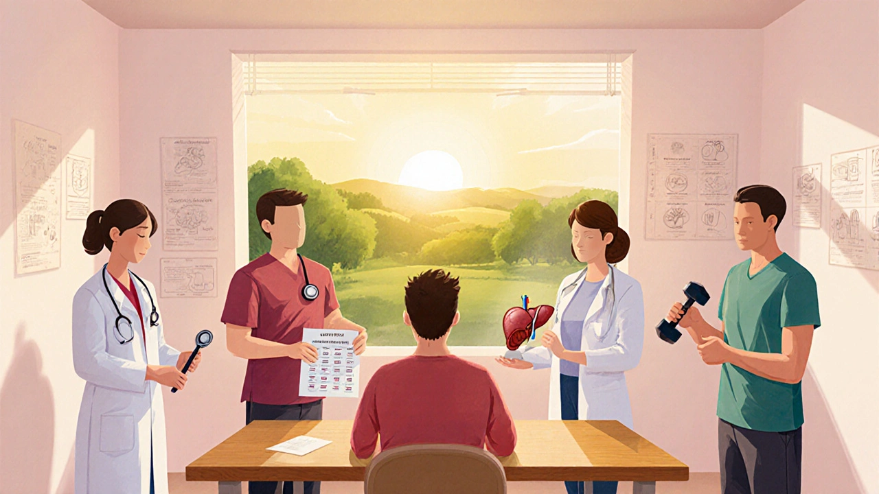 Hopeful clinic scene with doctors, nutritionist and trainer counseling a patient.