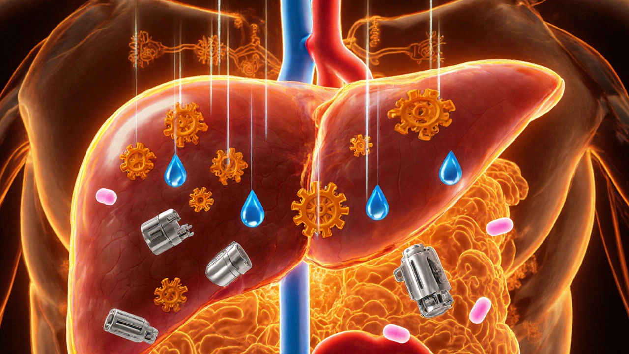 Illustrated liver with orange enzymes, blue alcohol droplets, and pink antibiotic capsules.