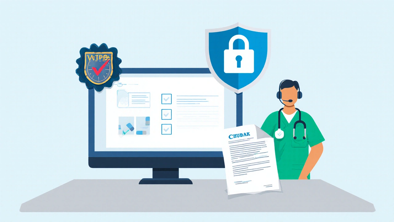 Illustration of a monitor showing verification icons, a prescription copy, and a pharmacist avatar.