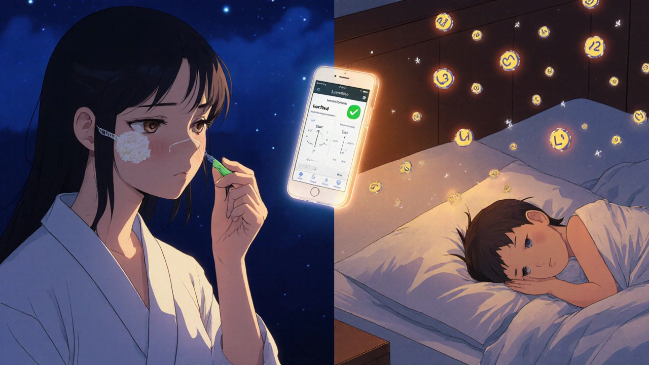 Mother taking medication at night while baby sleeps, with harmless drug particles drifting away like fireflies.