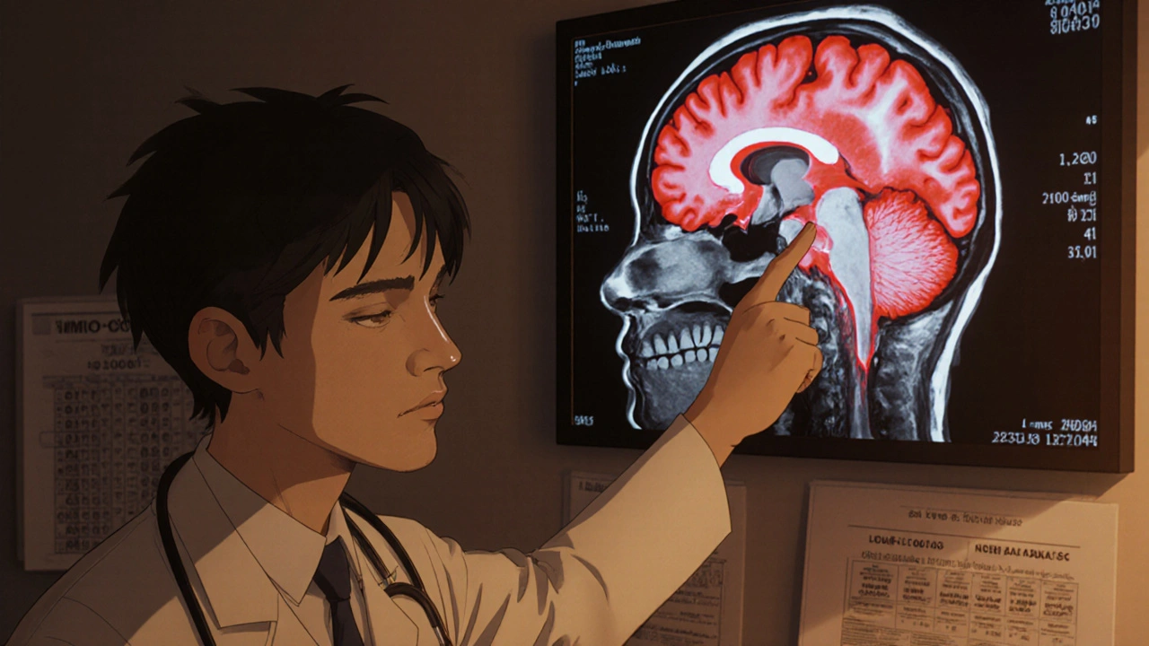 Neurologist analyzing an MRI scan showing abnormal brain lesions while a patient watches anxiously.