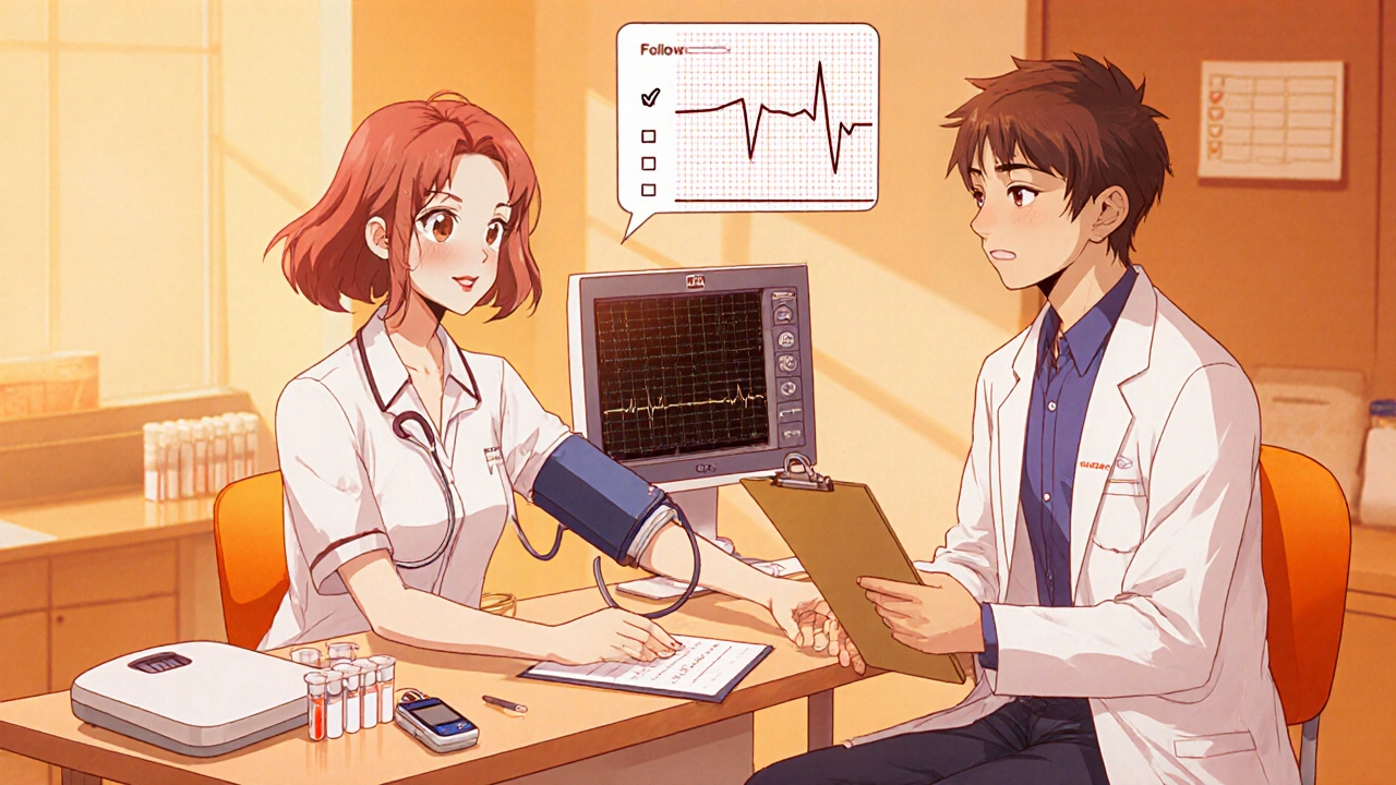 Nurse checking blood pressure, doctor reviewing ECG, patient holding a checklist in a warm clinic.