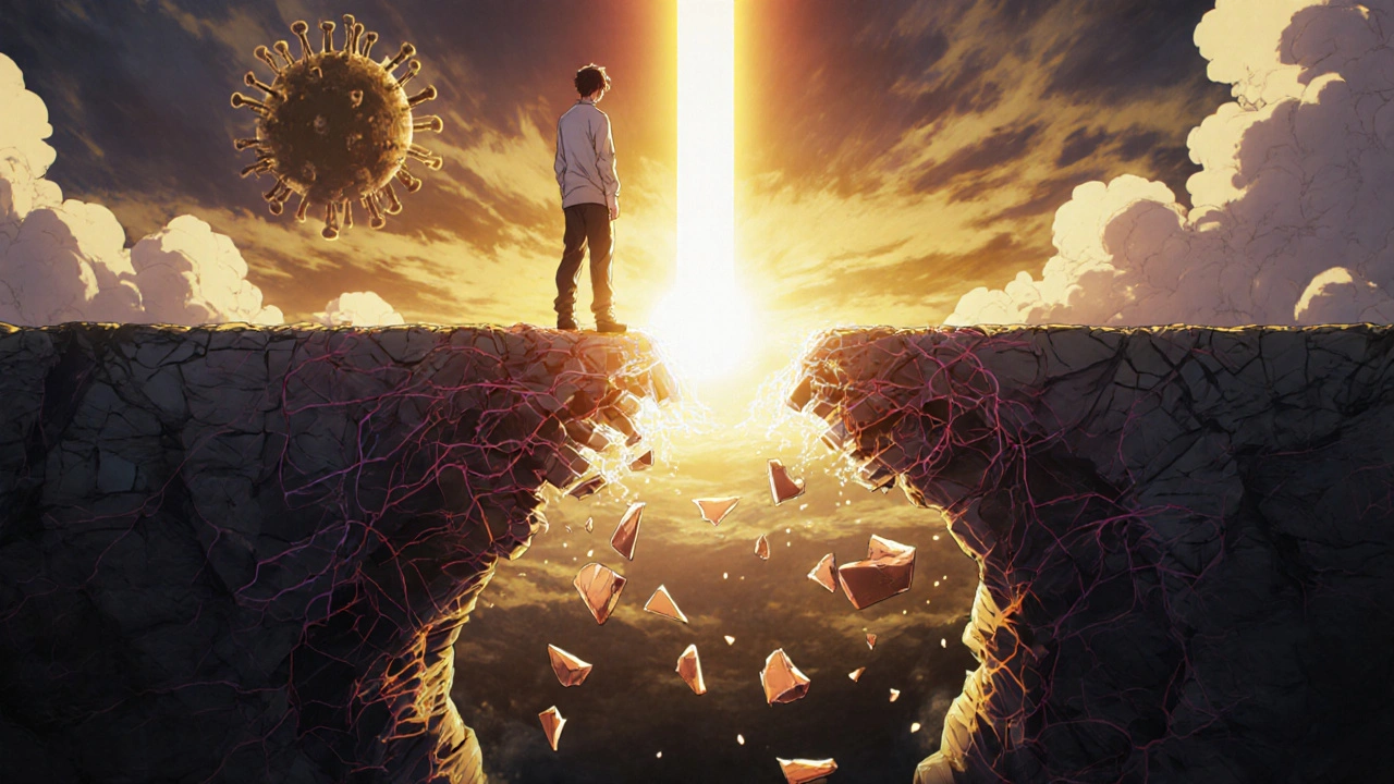 Patient on a crumbling myelin bridge as T-cell therapy repairs the damage with golden light.