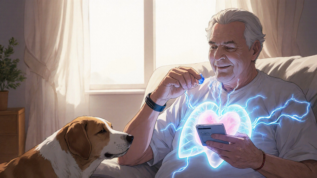 Patient taking oral linezolid at home with healing energy flowing to heart.