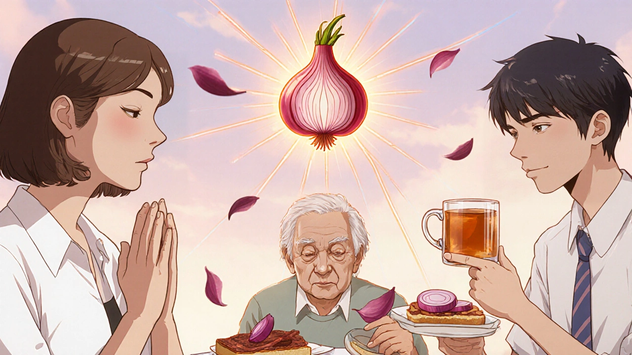 People in daily life connected by faint orange auras to a glowing onion root in the sky.