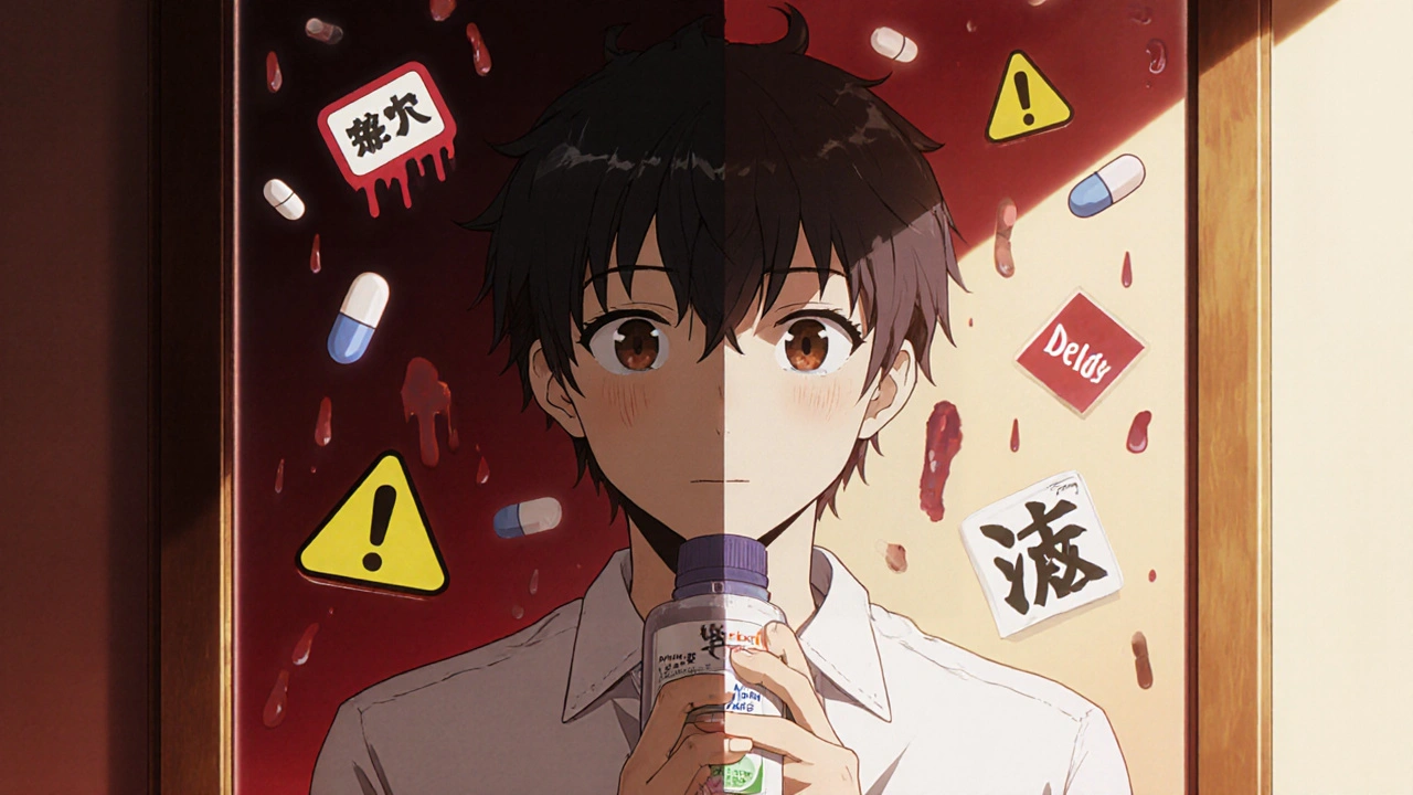 Person holding milk thistle bottle, facing a split reflection showing health and danger