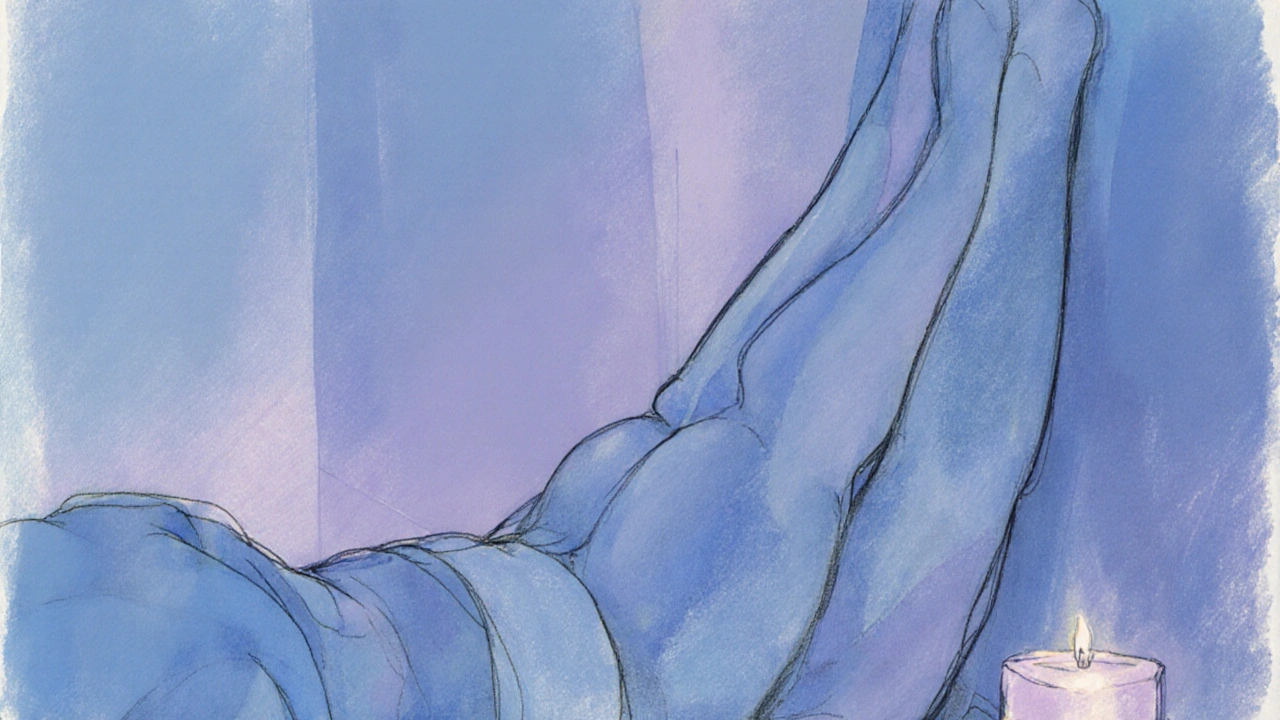 Person in Legs‑Up‑The‑Wall pose relaxing by a candle.