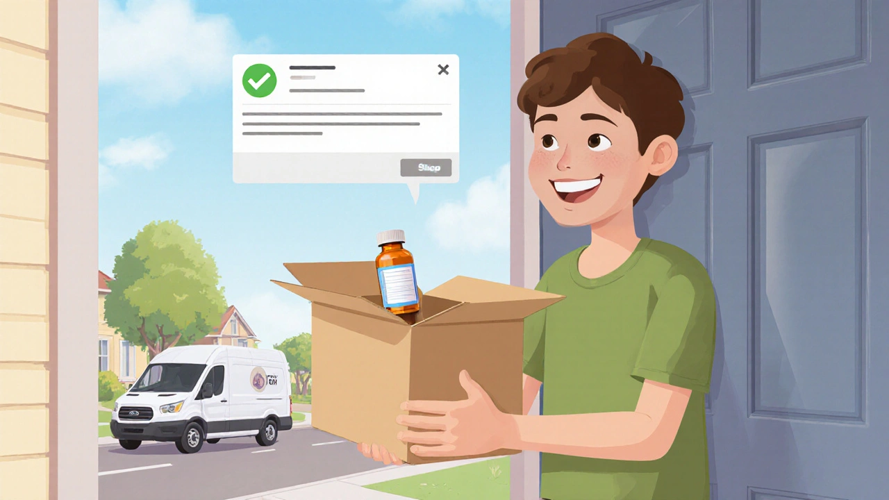 Person opening an unmarked box with generic pills at their front door, looking pleased.
