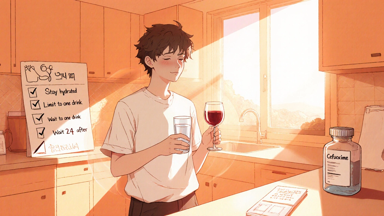 Person smiling with a small wine glass and water, sunrise light indicating safe use.