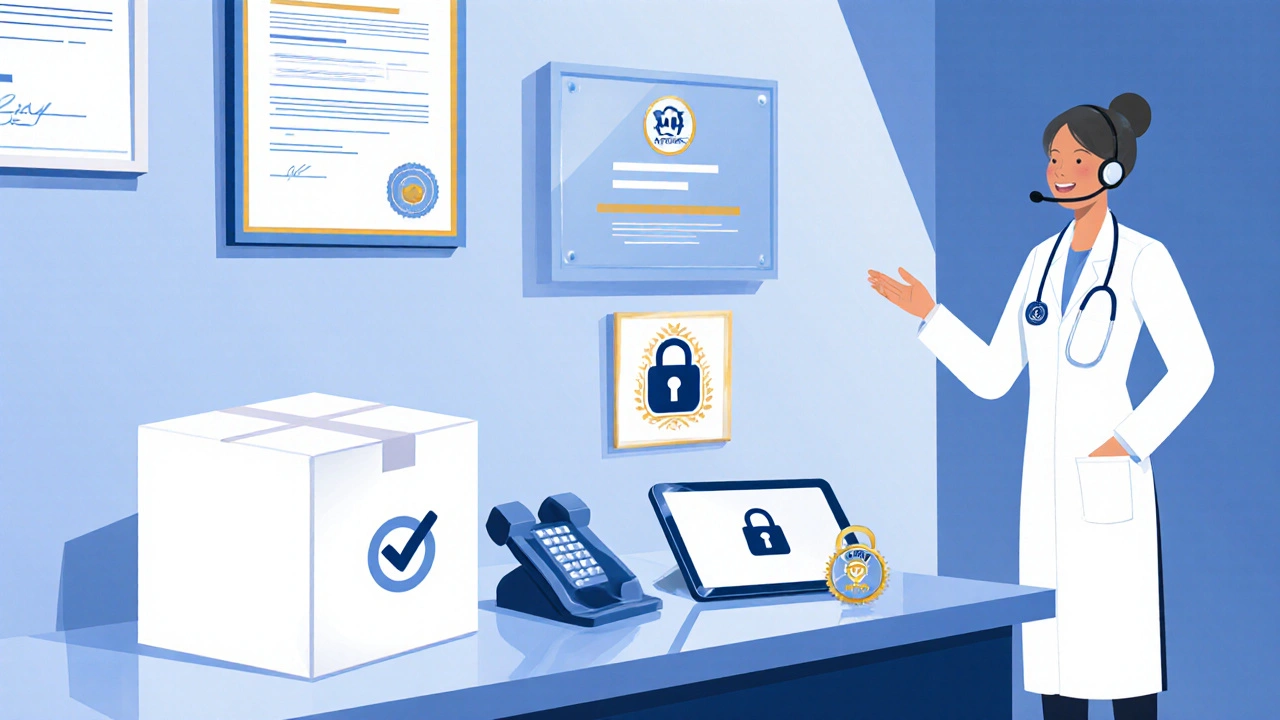 Pharmacy counter showing a sealed box, lock icon, and accreditation badges on the wall.