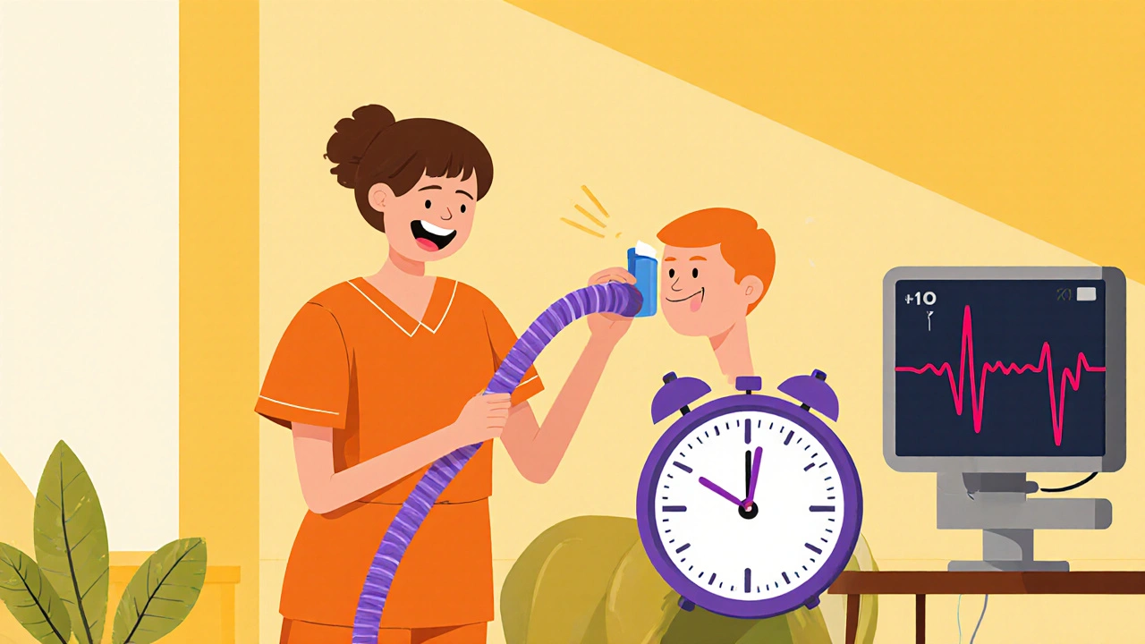 Physiotherapy room with patient using albuterol before chest clearance, playful monitor display.
